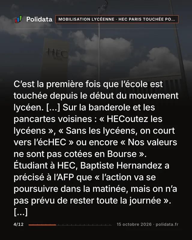 C’est la première fois que l’école est touchée depuis le début du mouvement lycéen. […] Sur la banderole et les pancartes voisines : « HECoutez les lycéens », « Sans les lycéens, on court vers l’écHEC » ou encore « Nos valeurs ne sont pas cotées en Bourse ». Étudiant à HEC, Baptiste Hernandez a précisé à l’AFP que « l’action va se poursuivre dans la matinée, mais on n’a pas prévu de rester toute la journée ». […]
