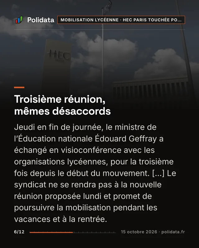 Troisième réunion, mêmes désaccords Jeudi en fin de journée, le ministre de l’Éducation nationale Édouard Geffray a échangé en visioconférence avec les organisations lycéennes, pour la troisième fois depuis le début du mouvement. […] Le syndicat ne se rendra pas à la nouvelle réunion proposée lundi et promet de poursuivre la mobilisation pendant les vacances et à la rentrée.
